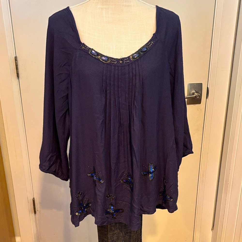 Mystery Plum Beaded Boho Tunic Blouse – 3/4 Sleeve